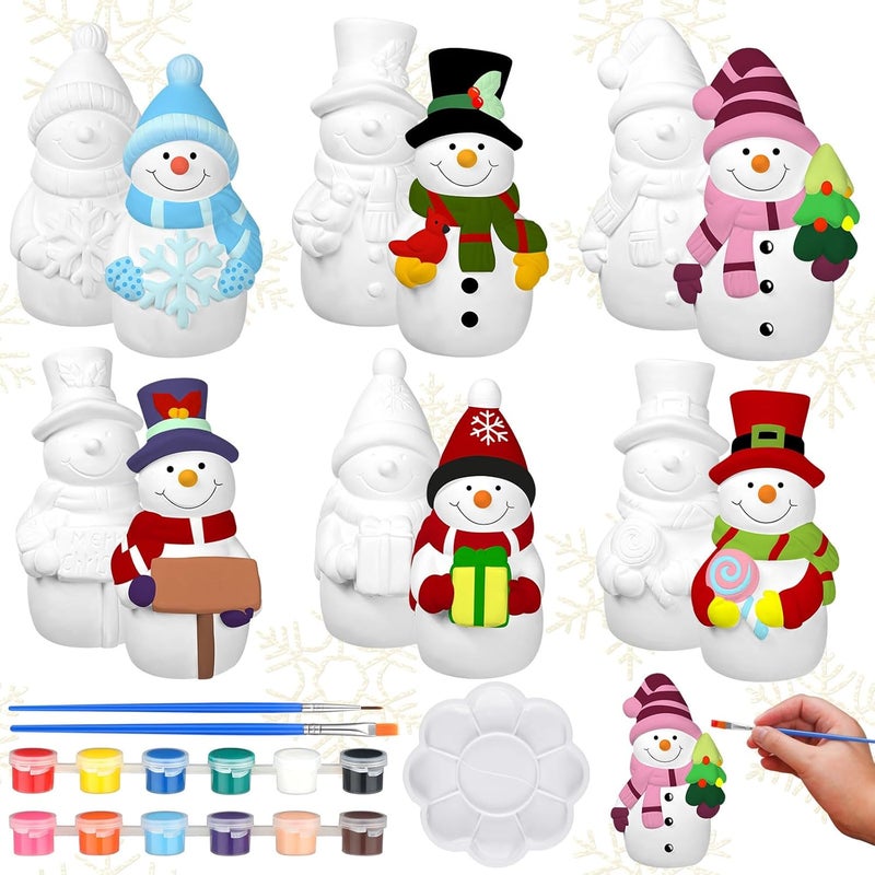 Eersida 6 Sets Winter Ceramics to Paint Ready to Your Own Ceramic Snowman Statues DIY Unpainted Paintable Winter Figurines Kit Crafts with Brush Palette for Christmas DIY - Image 1